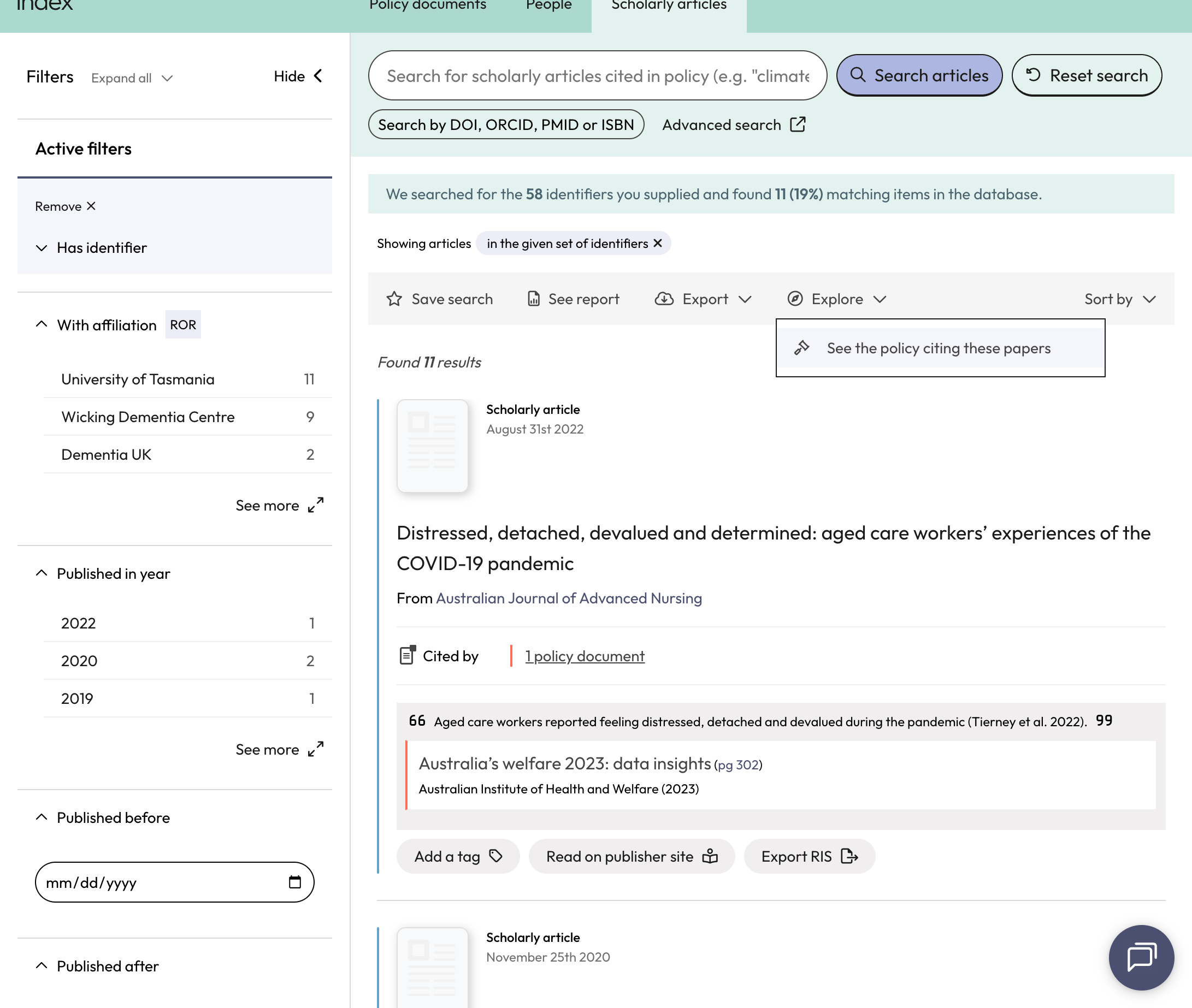 Use the action bar option 'Explore' to navigate to the policy documents that cite your articles. Click on 'See the policy citing these papers'