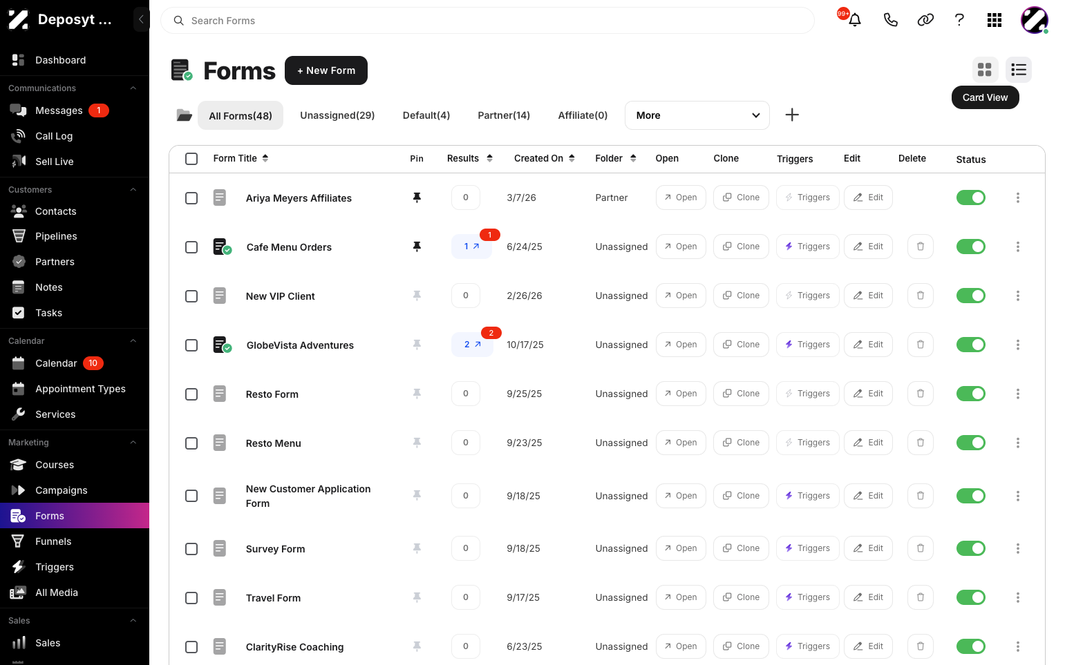 Step 2: You are then navigated to Forms. Click the Card View button to switch to card view.