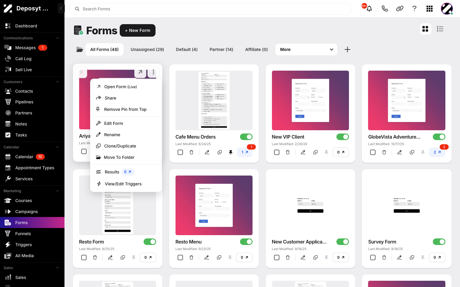 Step 4: Step 3: A pop-up menu appears where you can open the Live Form, share the form, pin or unpin it from the top, edit the form, rename it, clone or duplicate it, move it to a folder, view results and view or edit triggers.
