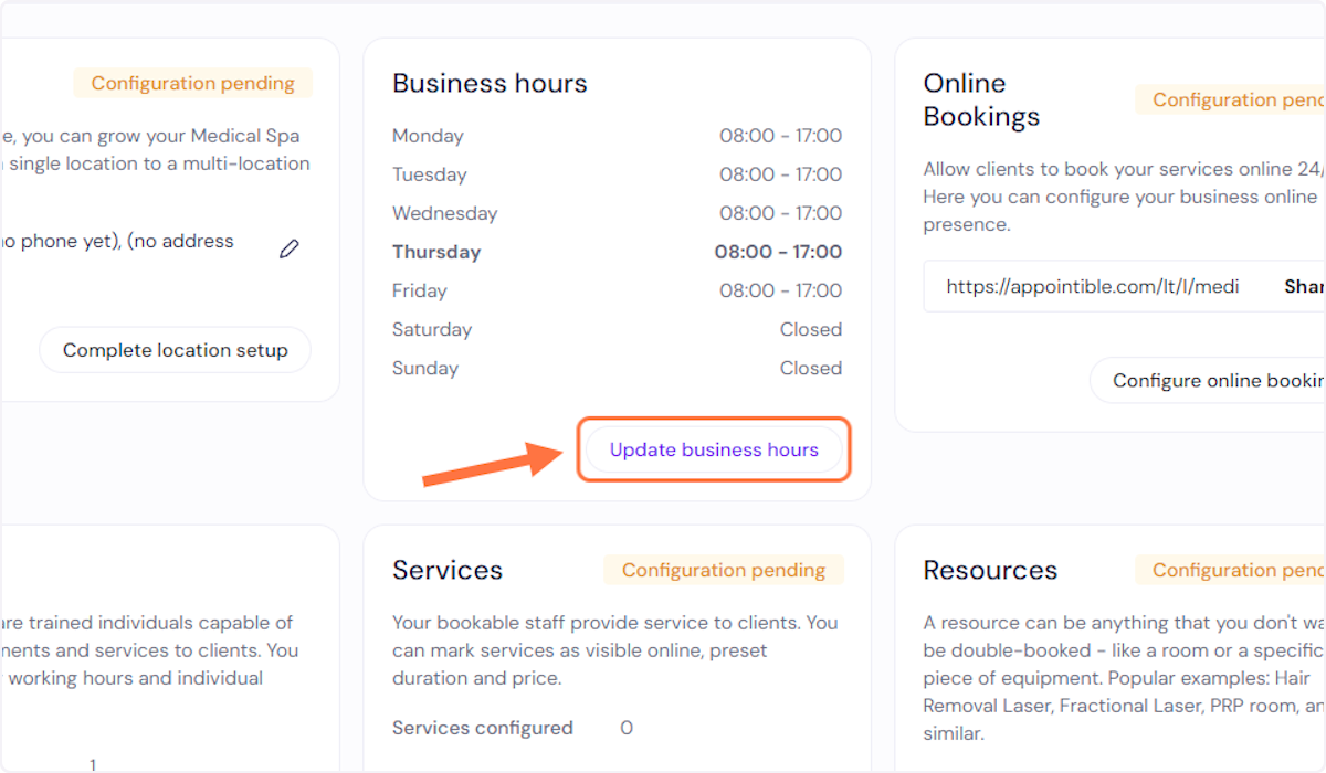 Click on 'Update business hours'