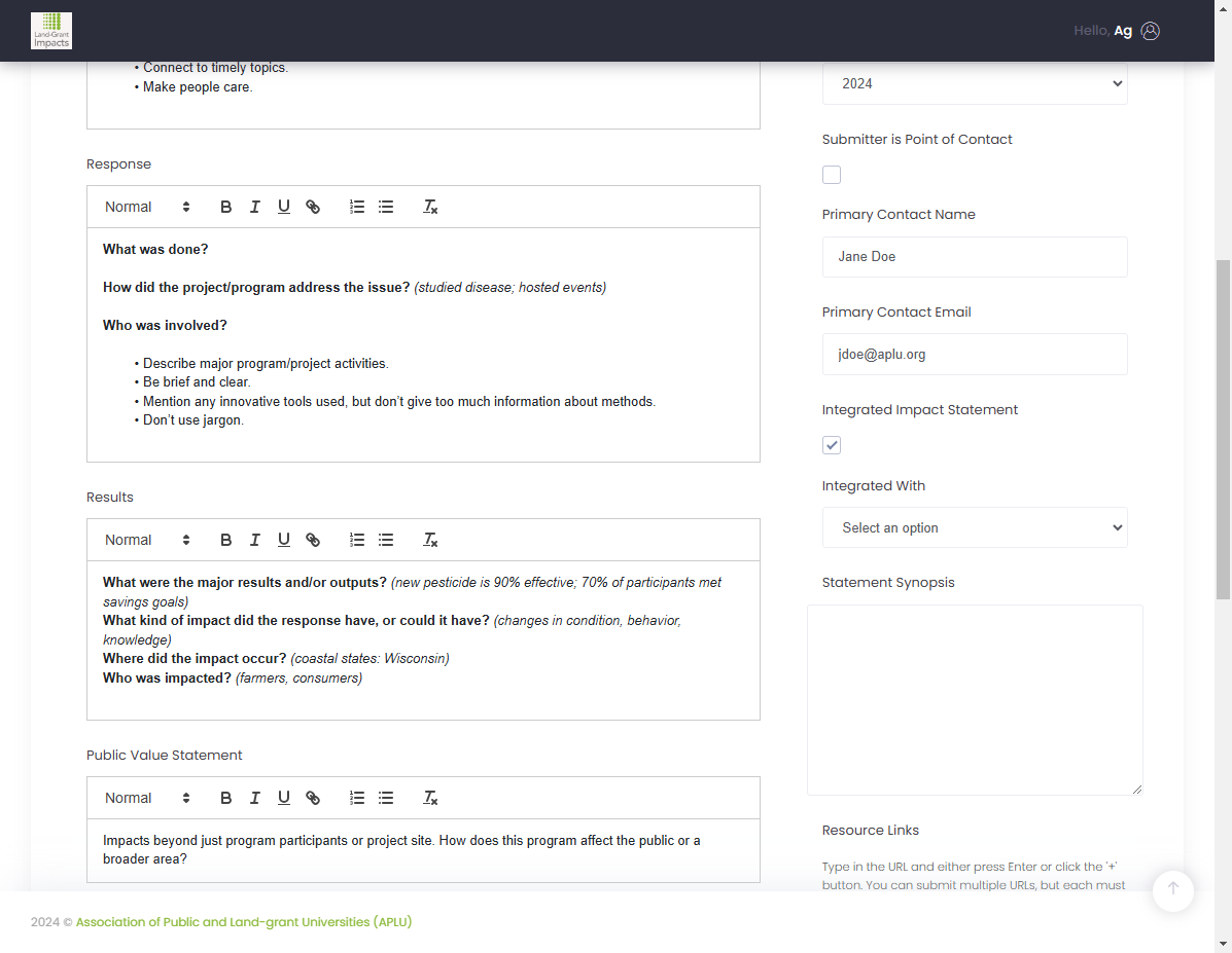 Check the "Integrated Impact Statement" box if your impact statement is integrated with another unit and/or institution.