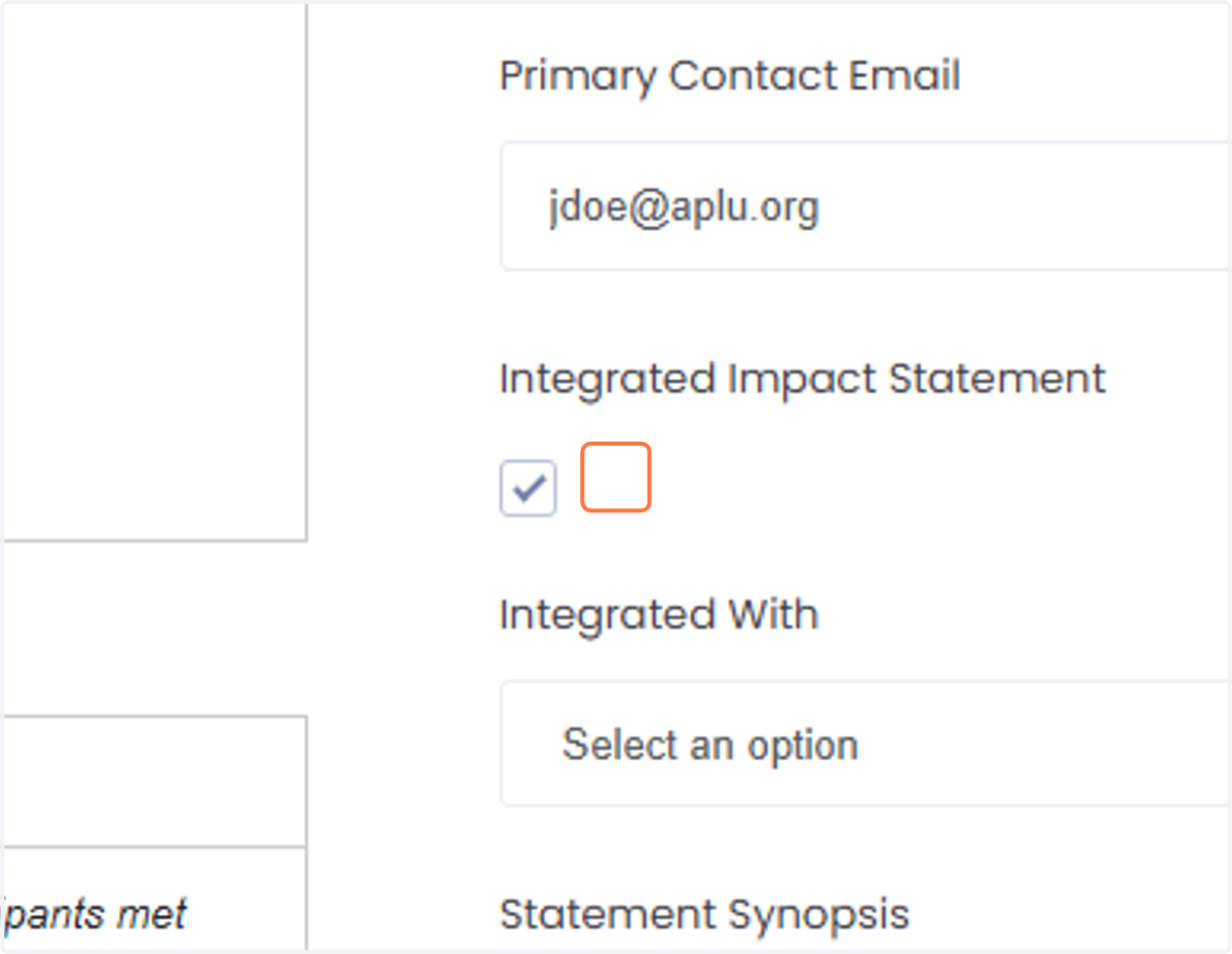 Check the "Integrated Impact Statement" box if your impact statement is integrated with another unit and/or institution.