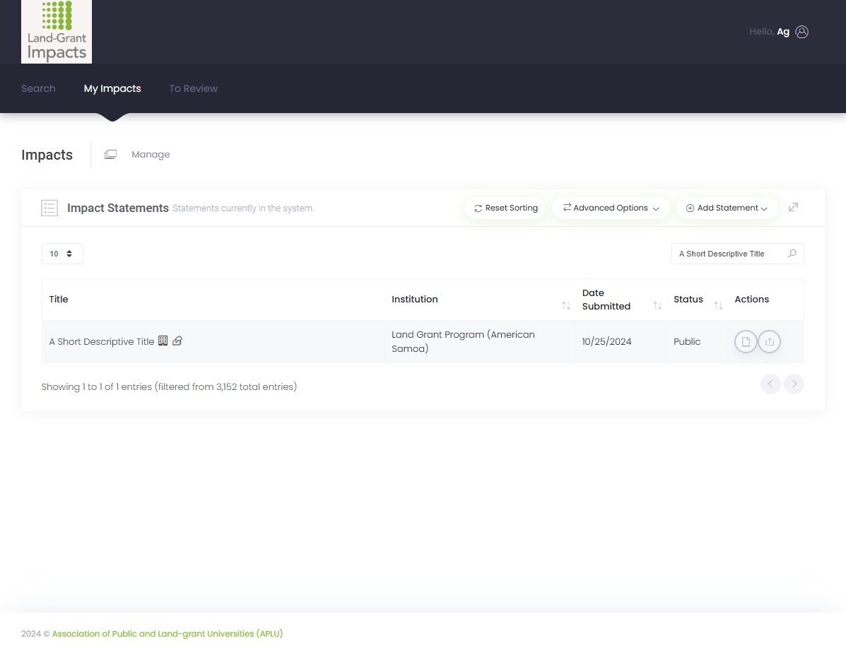 After publishing, you can view and share your impact from the "My Impacts" page.