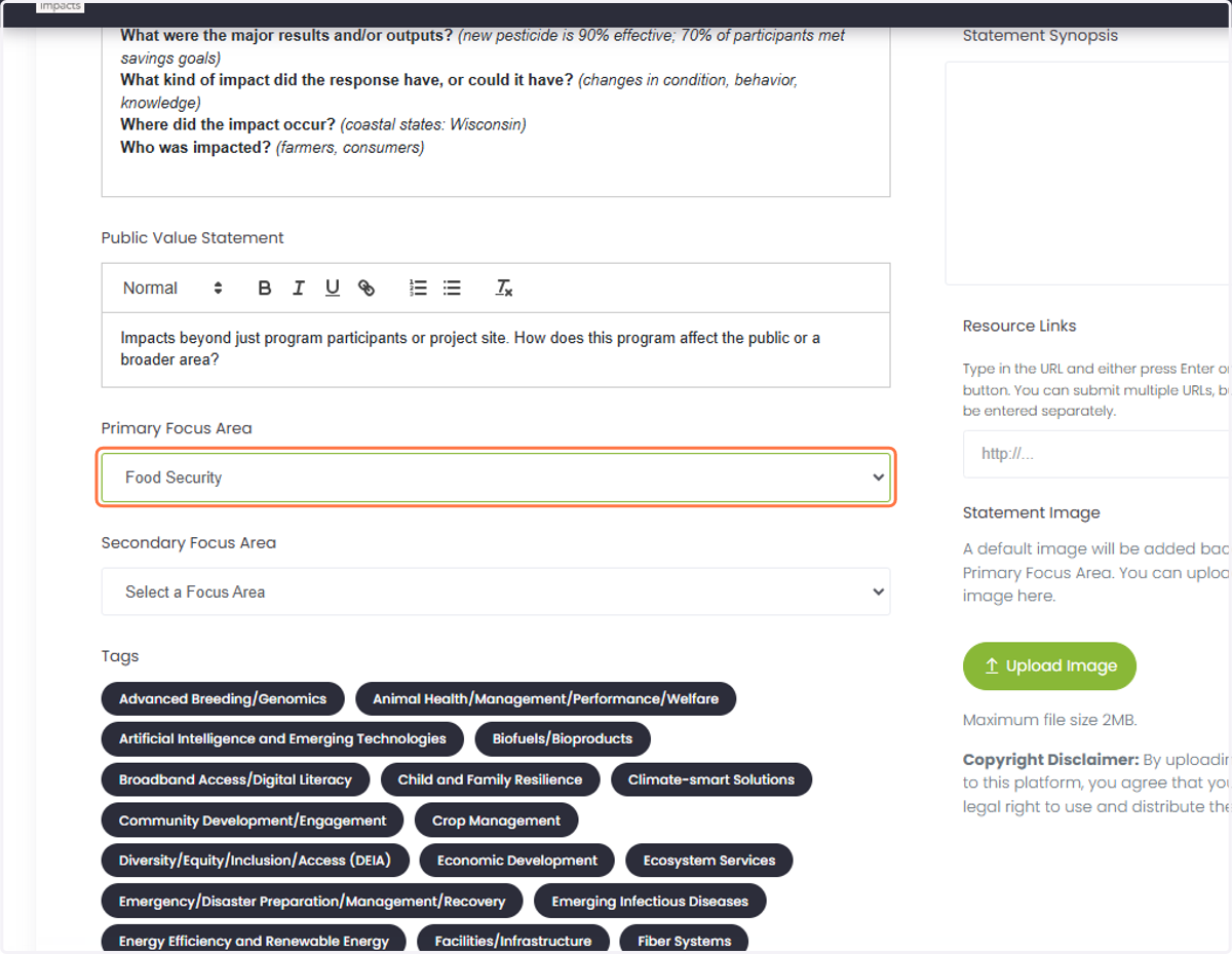 Select the Primary Focus Area of your impact statement.