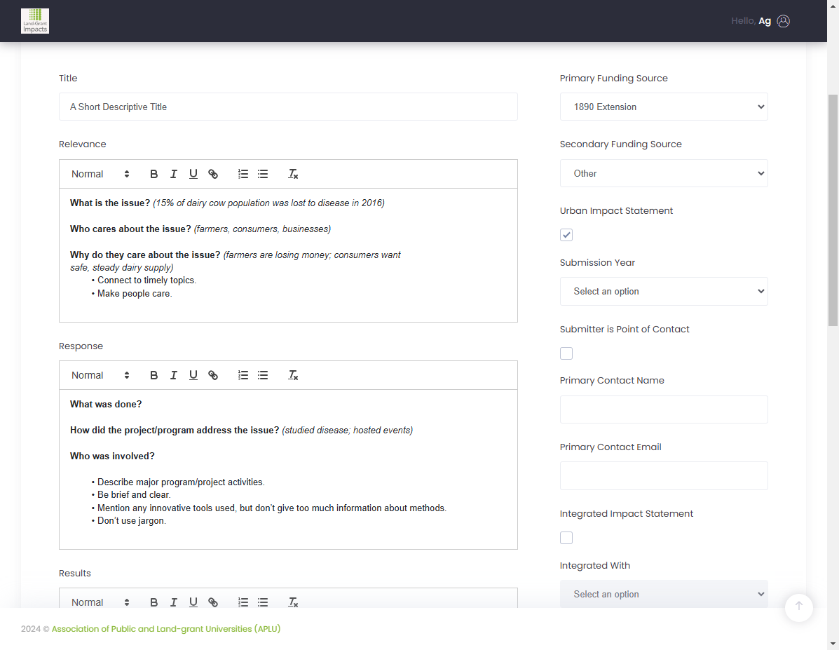 If you have an urban impact statement, check the "Urban Impact Statement" box.