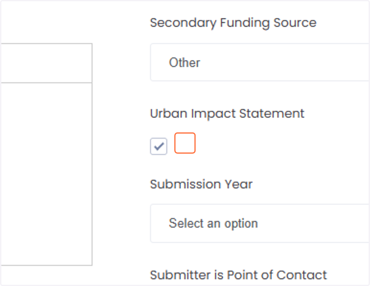 If you have an urban impact statement, check the "Urban Impact Statement" box.