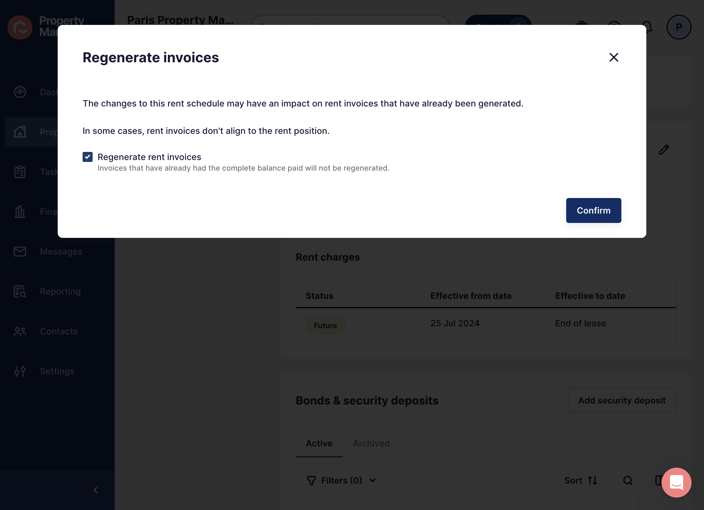 Tick the box to Regenerate rent invoices