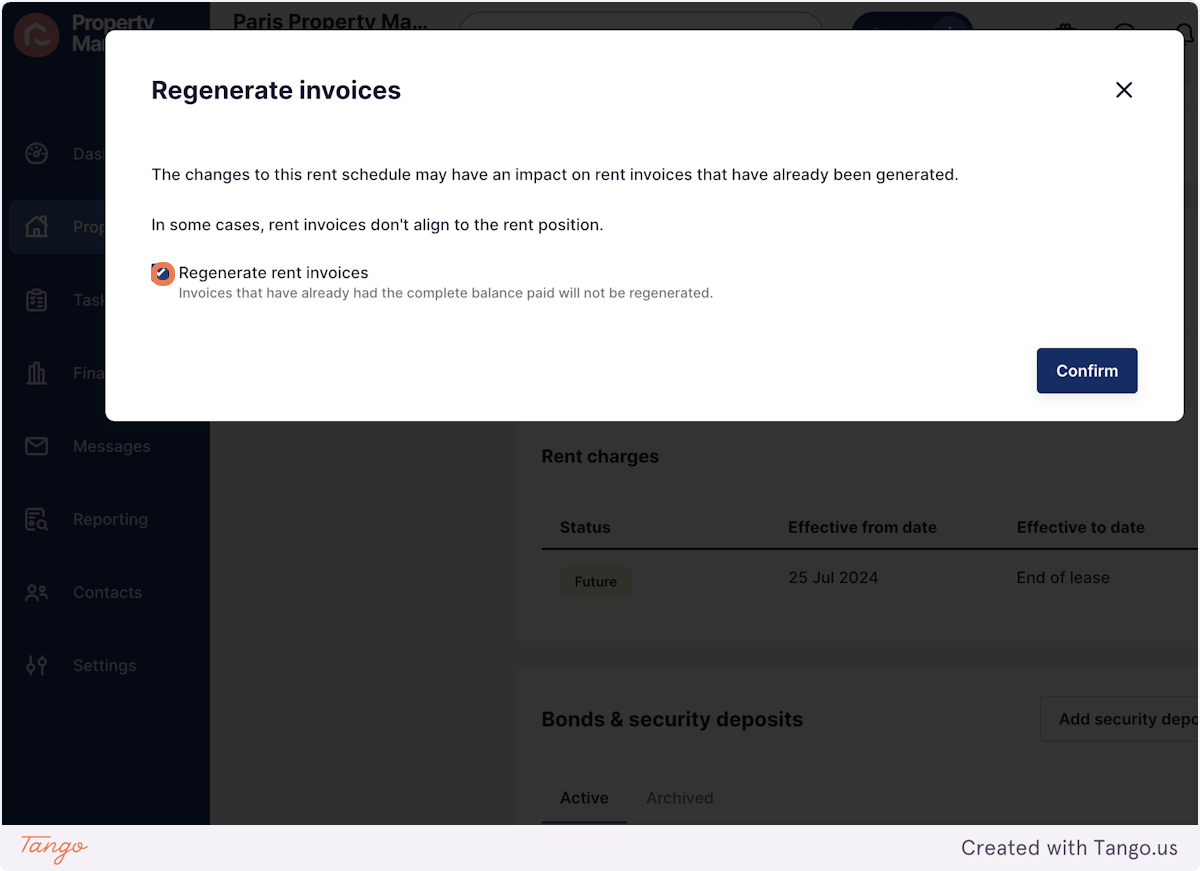 Tick the box to Regenerate rent invoices