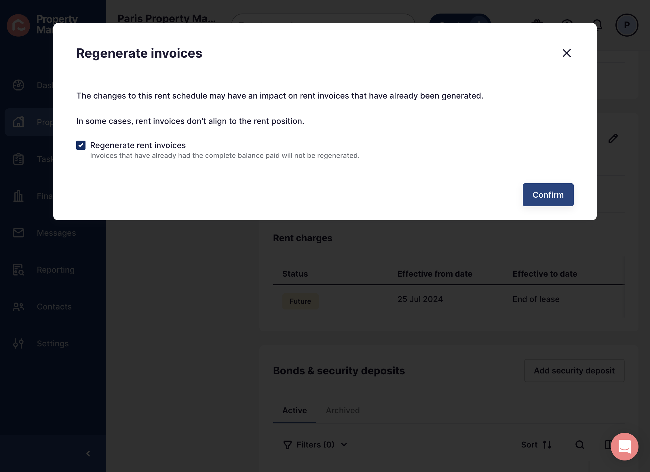 Click on Confirm, your rent invoices will now regenerate!