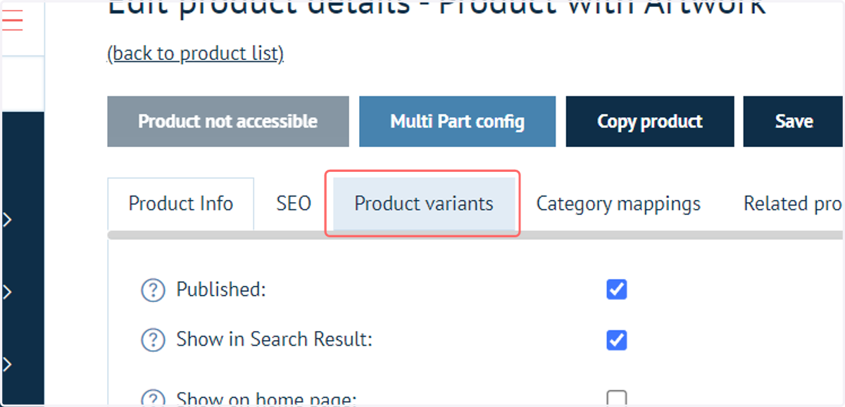 Navigate to Product variants