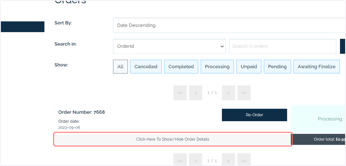 Click on Click Here To Show/Hide Order Details
