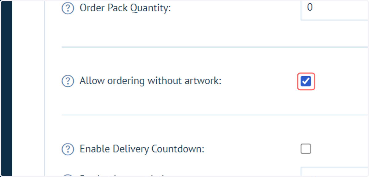 Check the setting Allow ordering without artwork