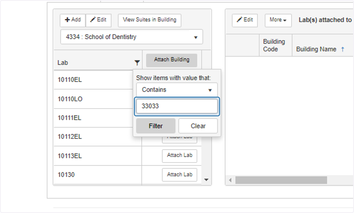 Select the filter criteria and enter the room name/number.