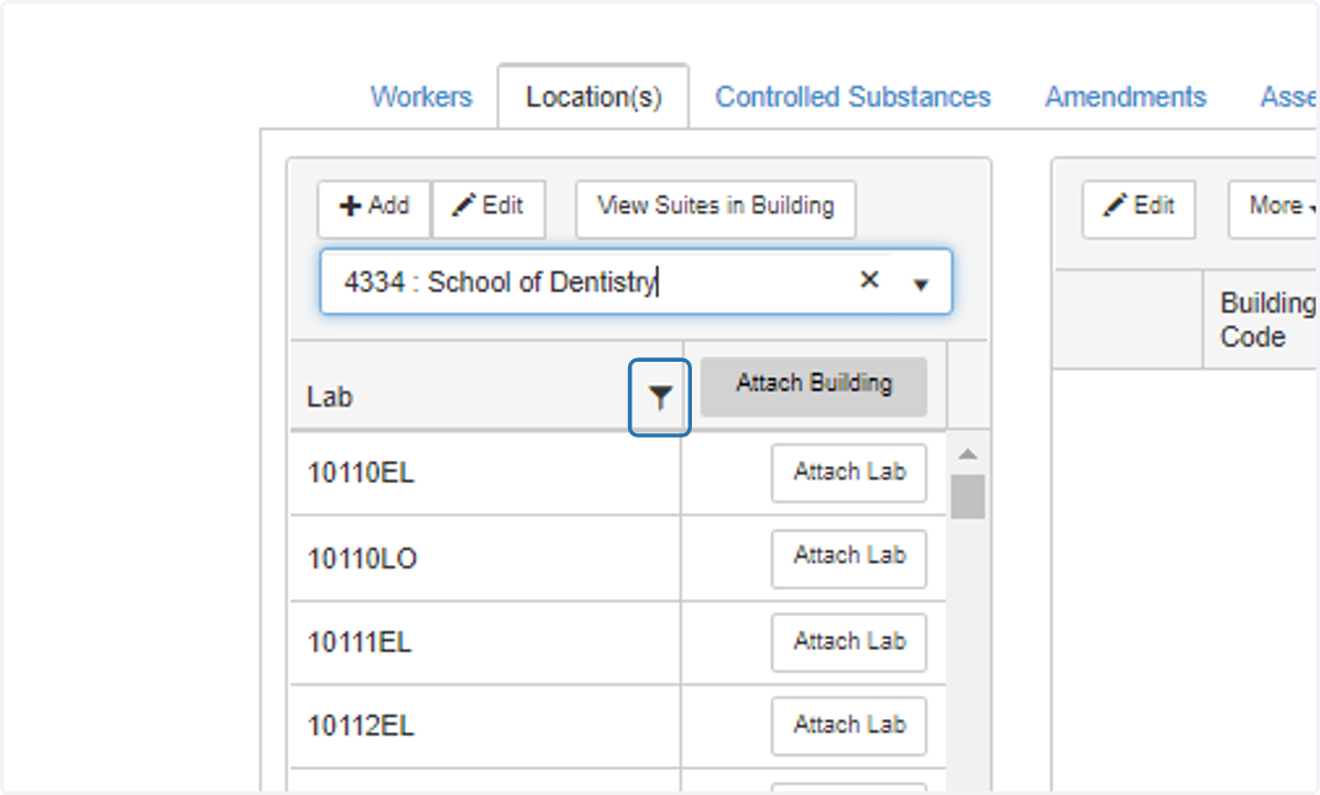 A list of attached rooms will appear. To filter the list, select the filter icon.
