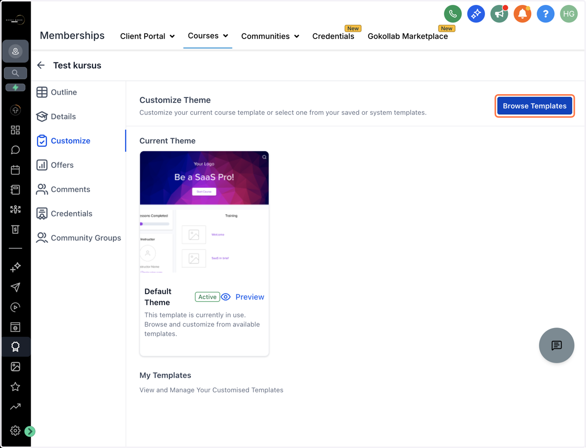 Klik på "Browse Templates" for at se og vælge en skabelon til den visuelle opbygning af dit kursus