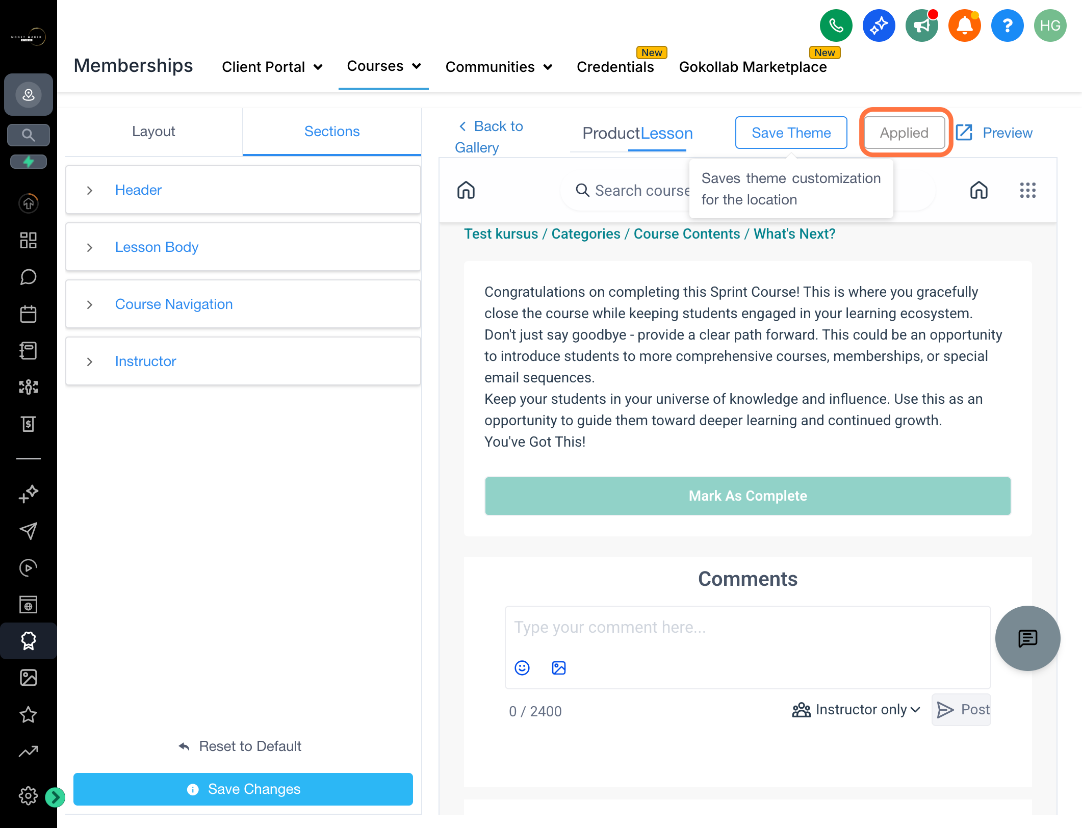 Klik på Save Theme og tjek, at der står Applied. Hvis der står Apply Theme, skal du også klikke på den.