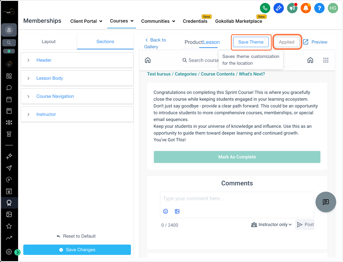 Klik på Save Theme og tjek, at der står Applied. Hvis der står Apply Theme, skal du også klikke på den.