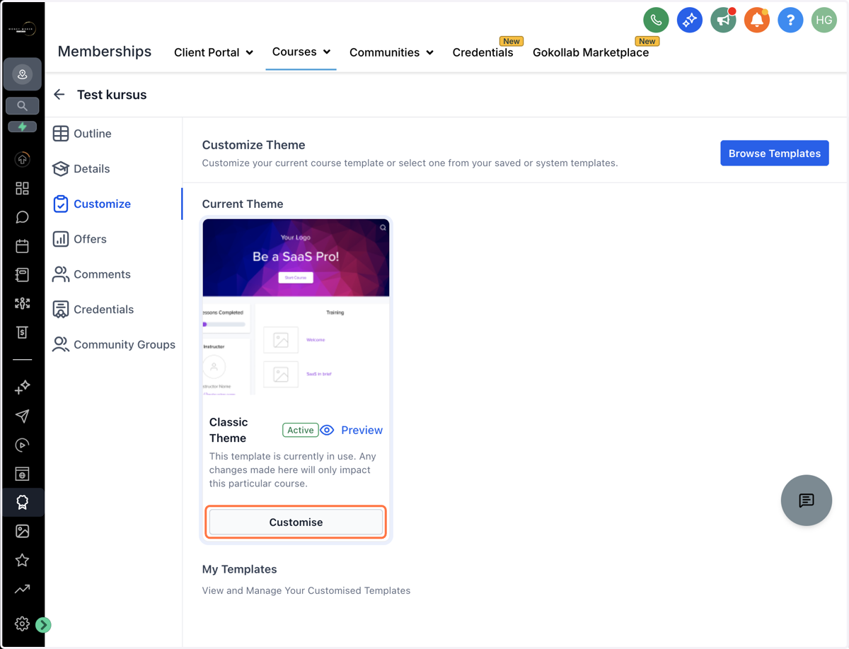 Klik på "Customise" for at tilpasse layout og design i det valgte tema