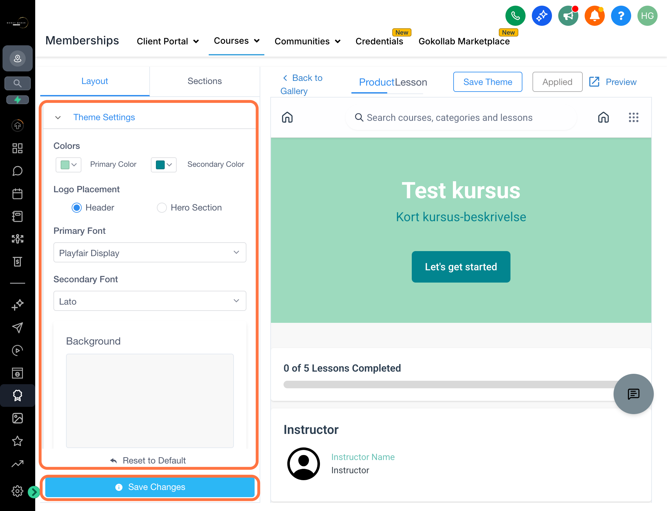 Klik på Product - Layout for at ændre layoutet for kurset (product) som helhed