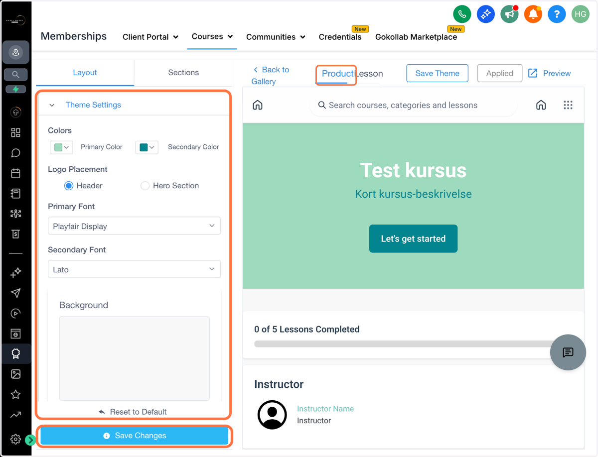 Klik på Product - Layout for at ændre layoutet for kurset (product) som helhed