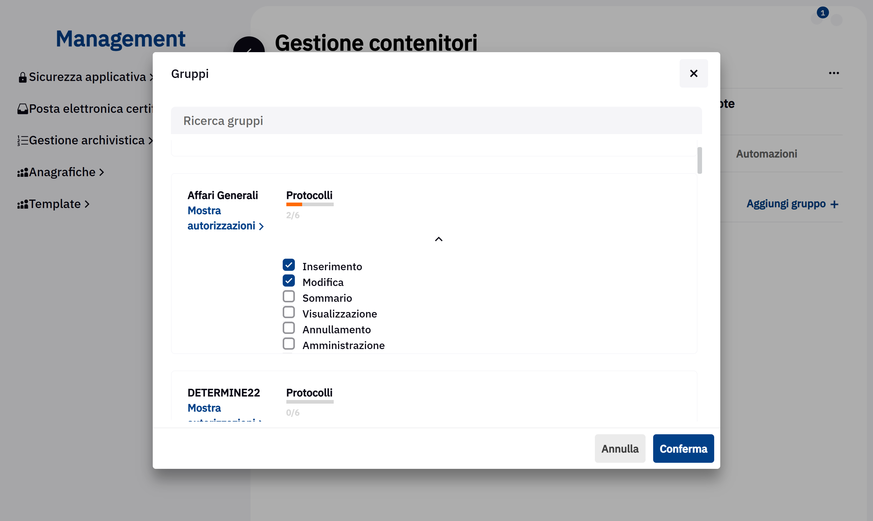 Modifica: consente di modificare un protocollo nei dati non obbligatori (note, classificazione di secondo livello)