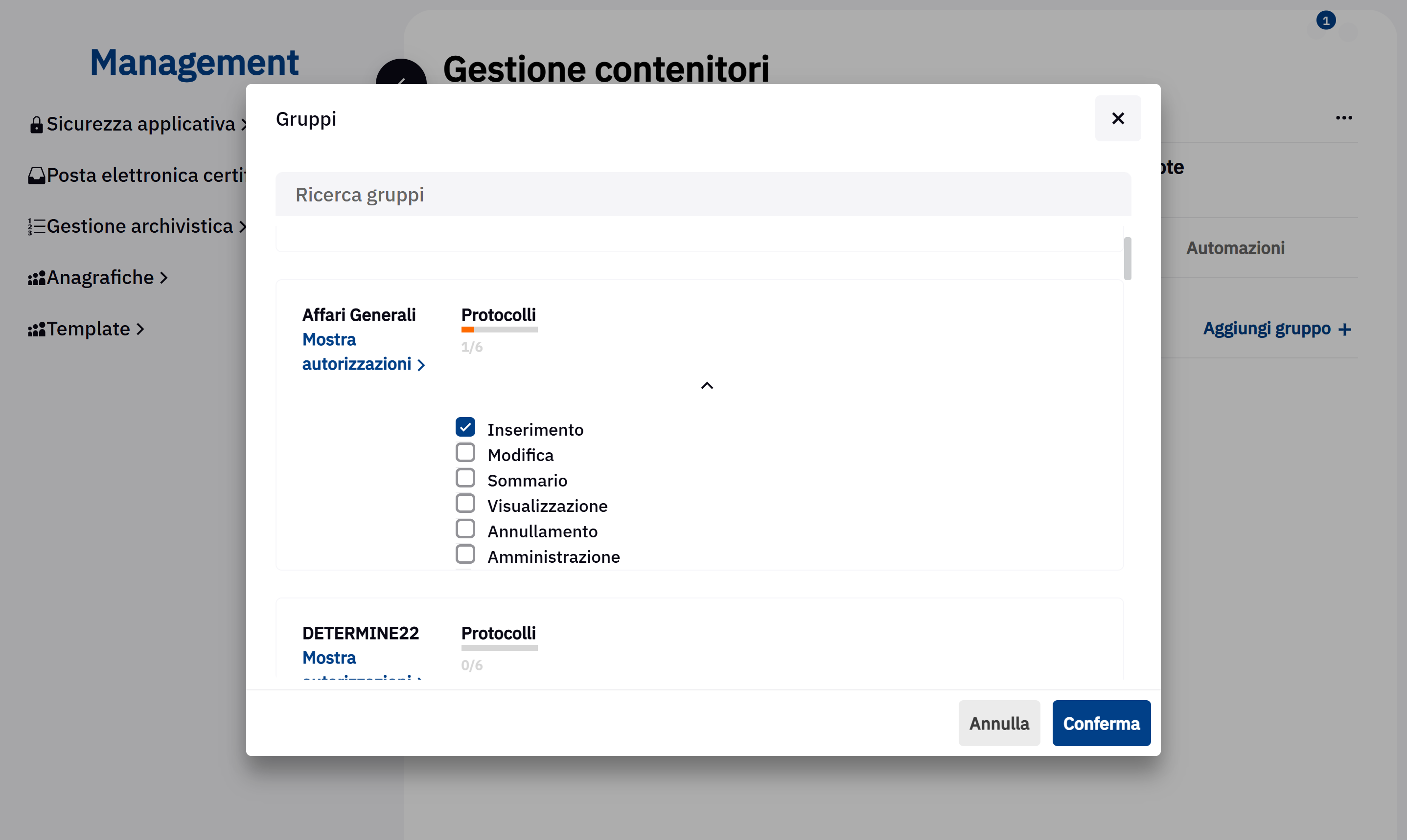Inserimento: abilita il gruppo specificato a creare nuovi protocolli