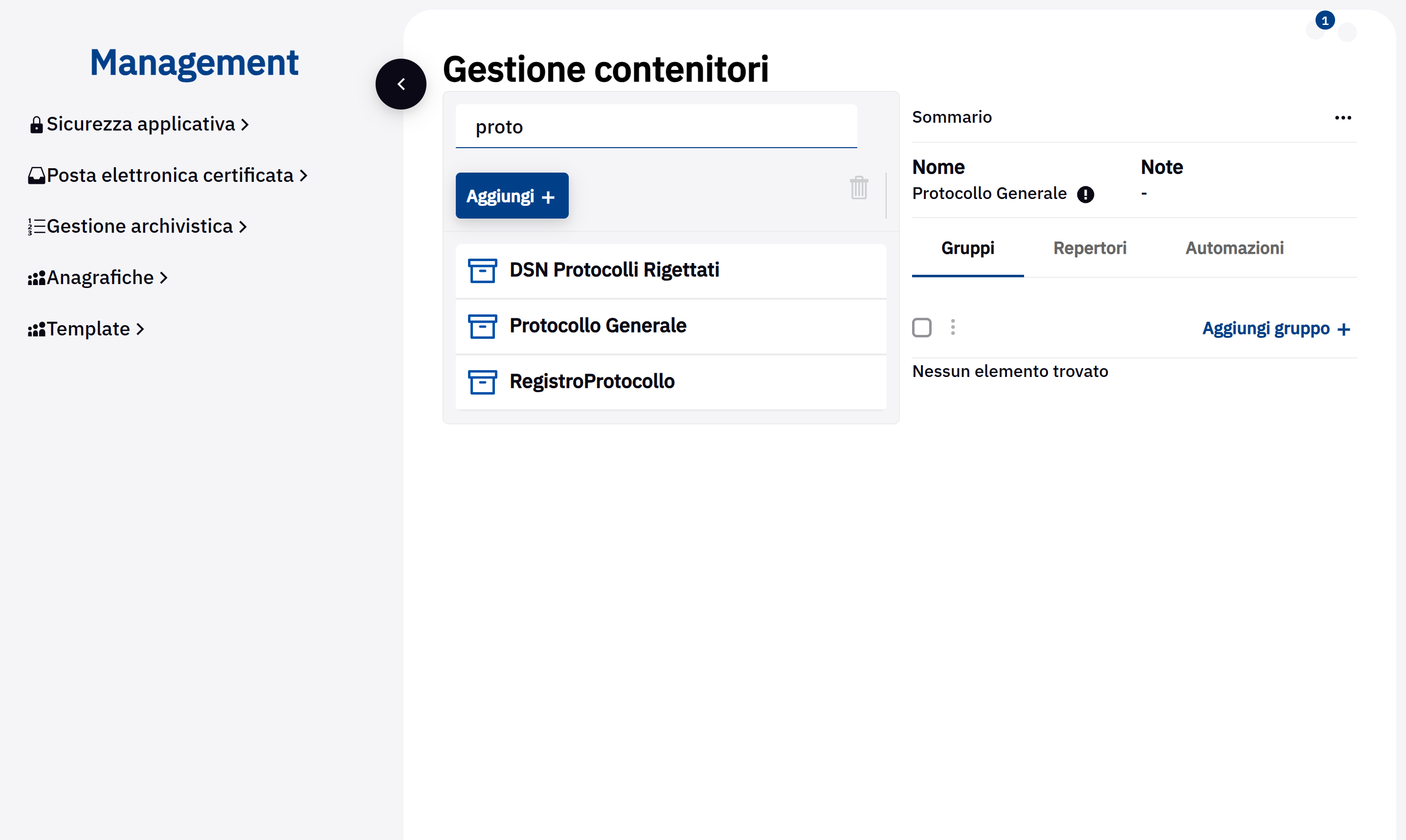 Cliccare sul contenitore per aggiungere gruppi
