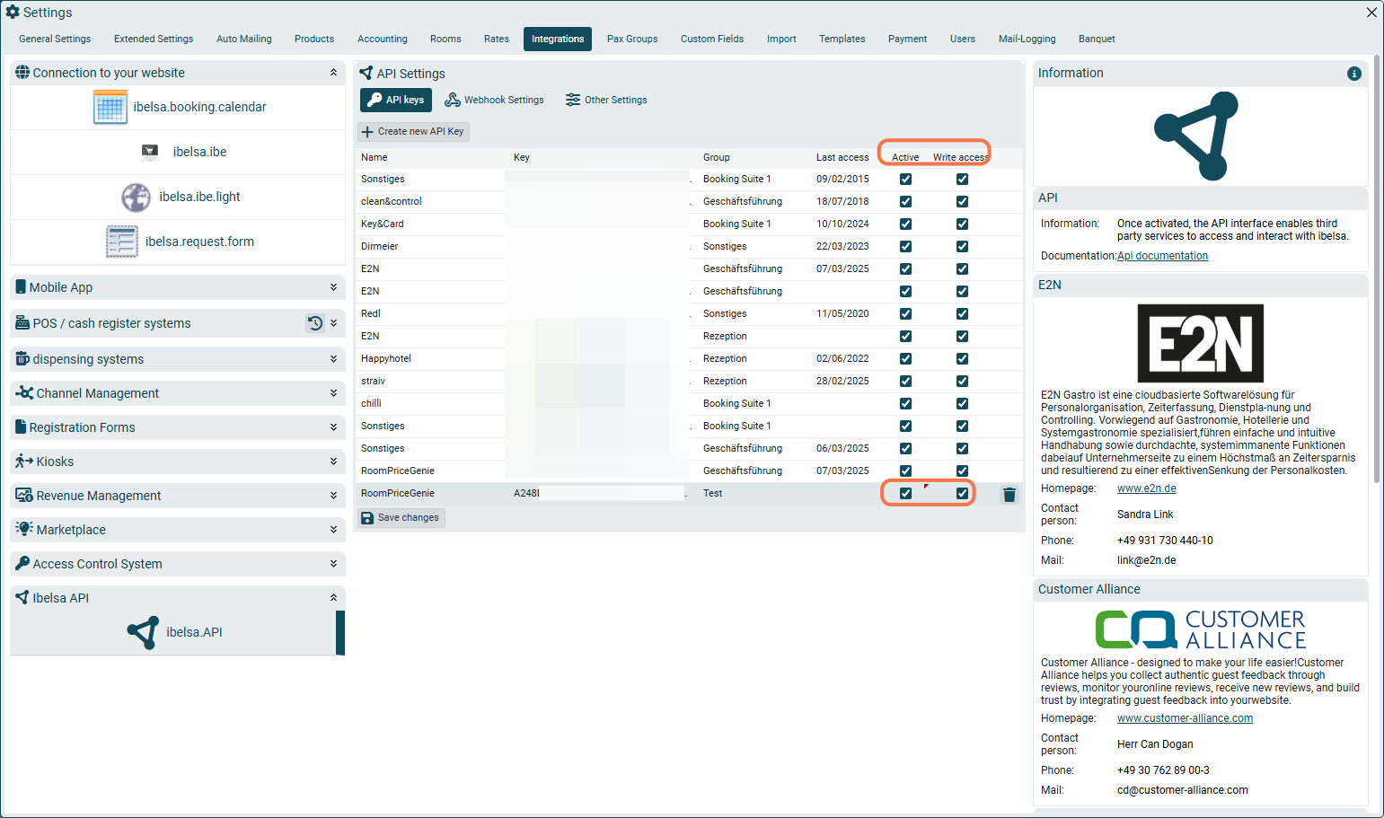 Ensure to check both "Active" and "Write Access" for the API Key