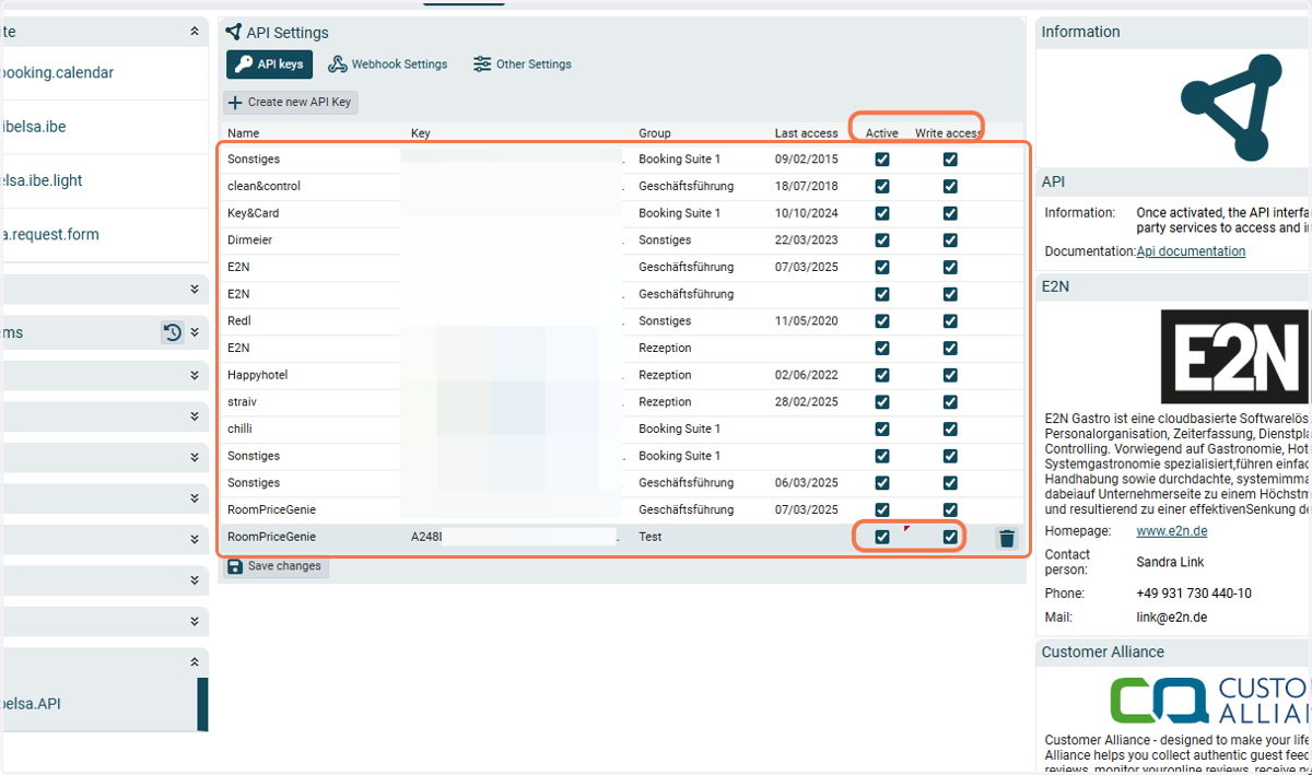 Ensure to check both "Active" and "Write Access" for the API Key