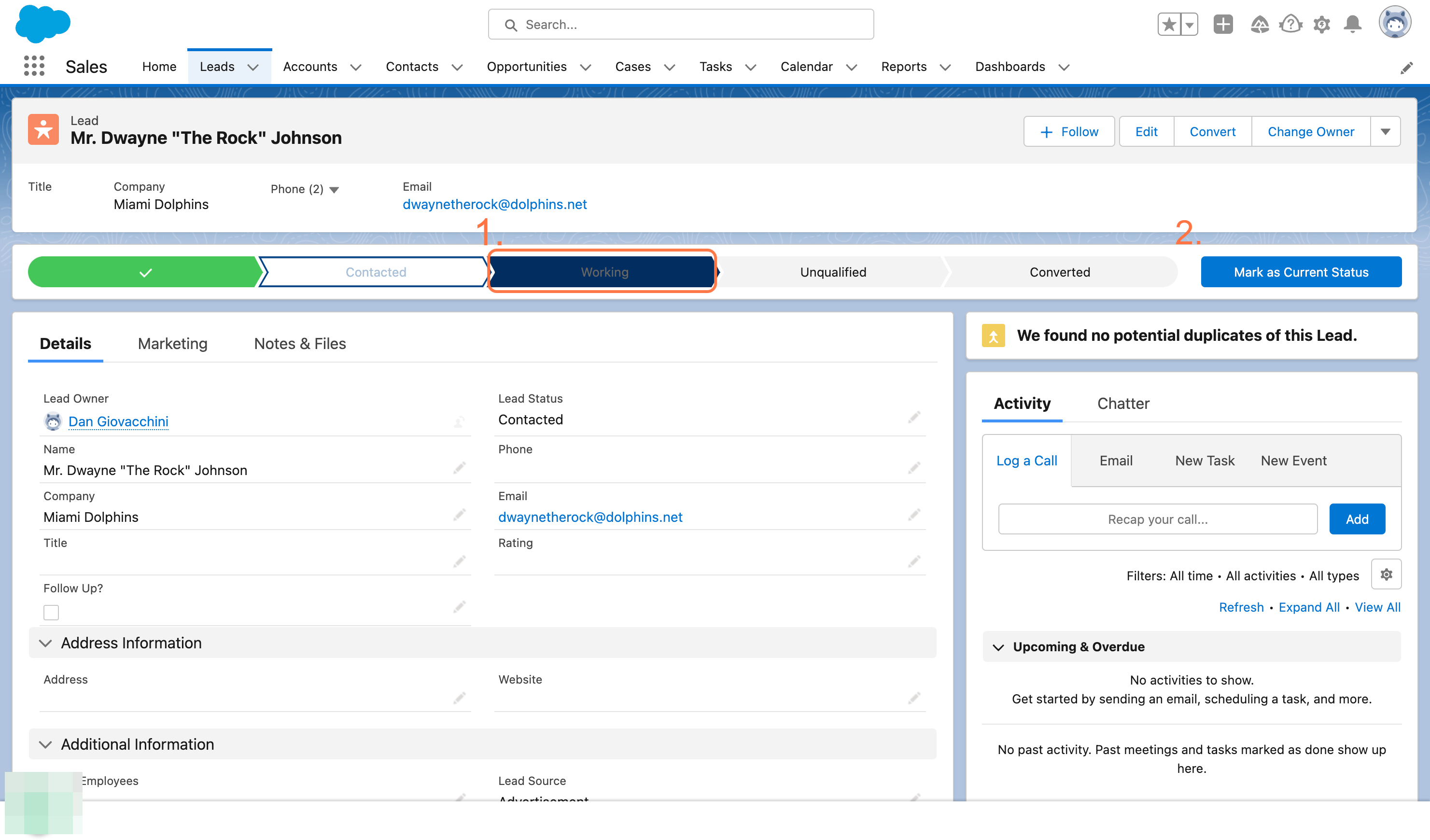In lead contact page, convert status to working, and then select Mark as Current Status