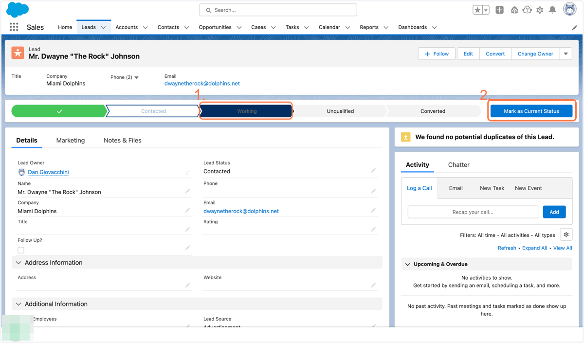 In lead contact page, convert status to working, and then select Mark as Current Status