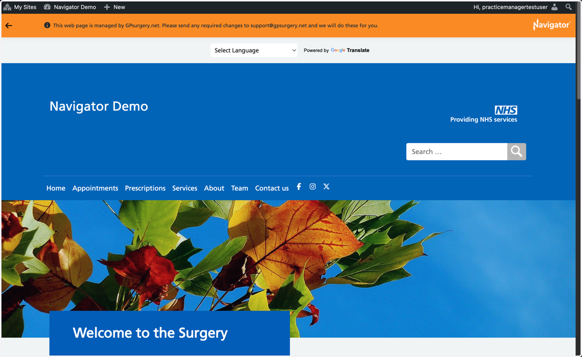 A GPsurgery.net Navigator website, with the admin toolbar showing at the top of the website page.