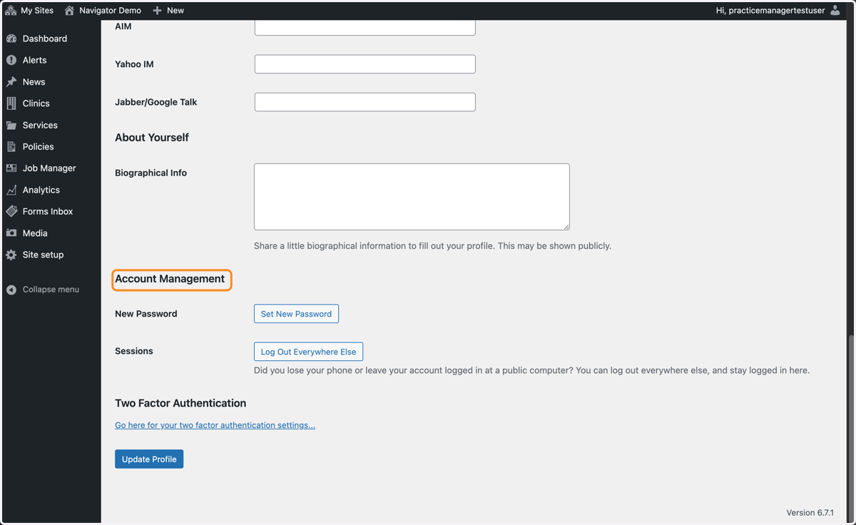 The Account Management subsection