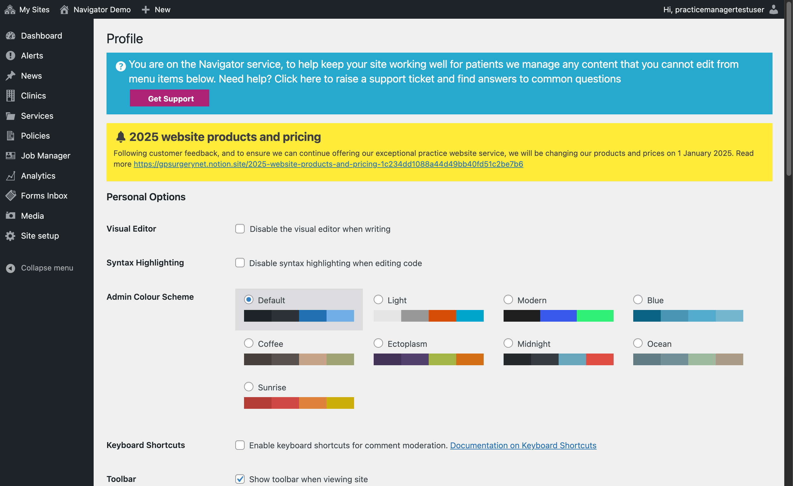 The Profile section of the Dashboard