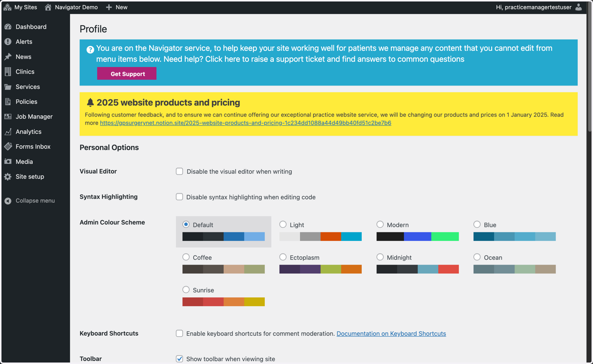 The Profile section of the Dashboard