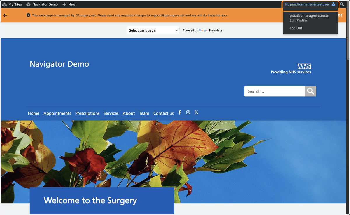 The username in the black admin toolbar selected