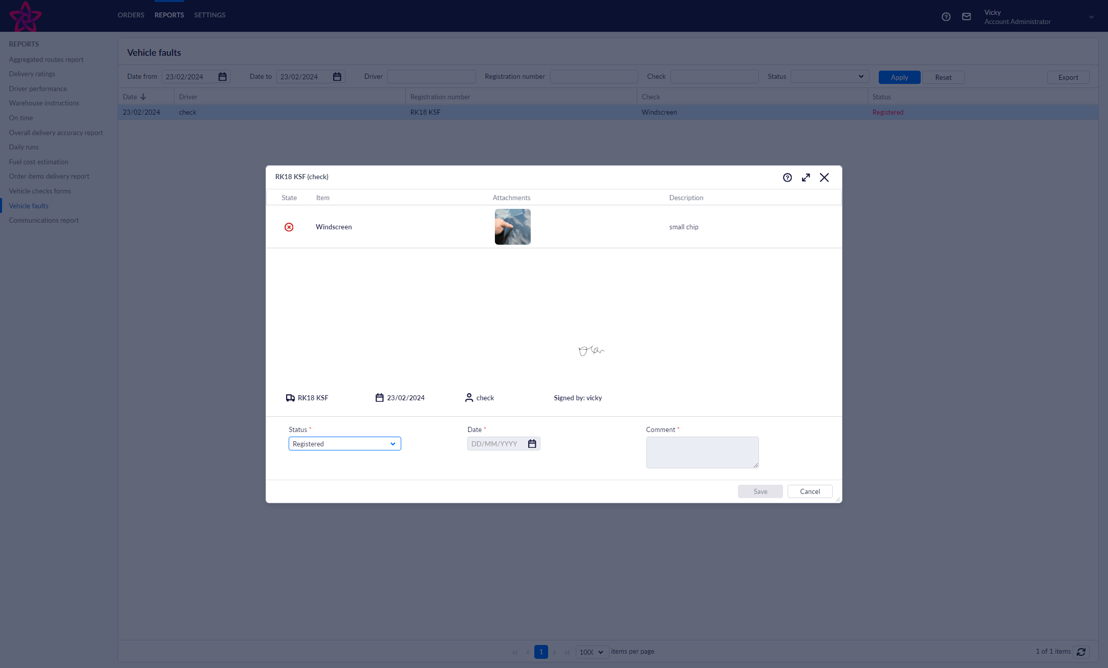 Faults details include the check name, photo and comments as well as the driver details and signature. All new fault statuses default to 'Registered'