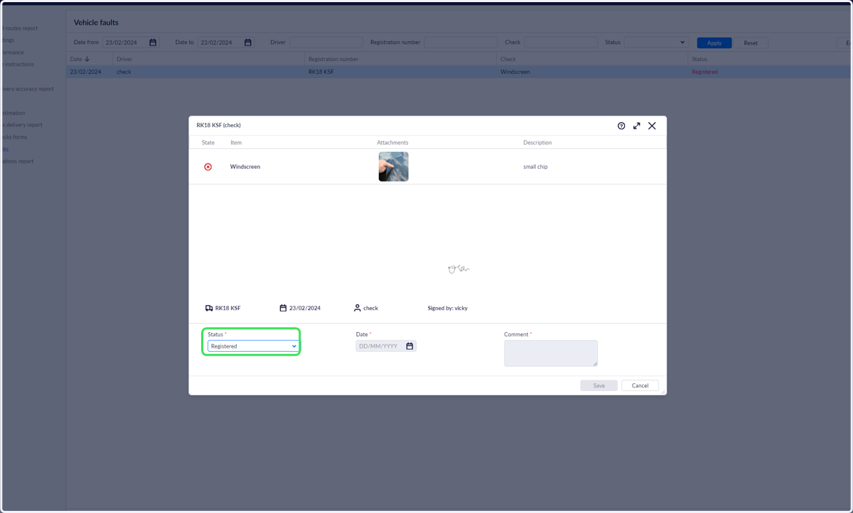 Faults details include the check name, photo and comments as well as the driver details and signature. All new fault statuses default to 'Registered'