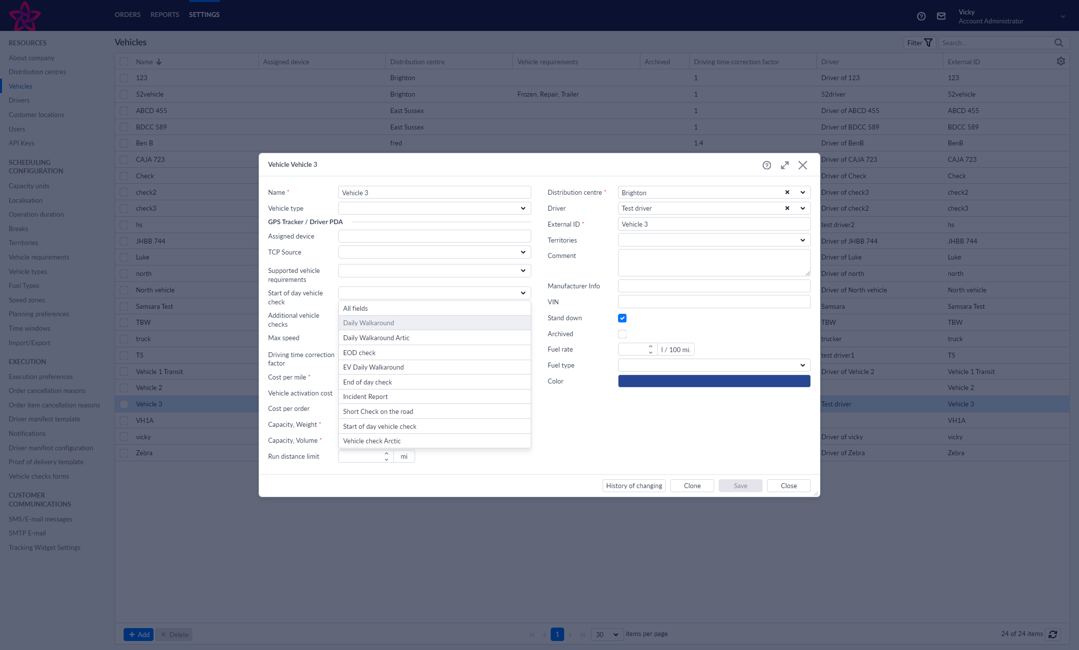 Select a form from the drop down in the 'Start of day vehicle check' and 'Additional vehicle checks' fields