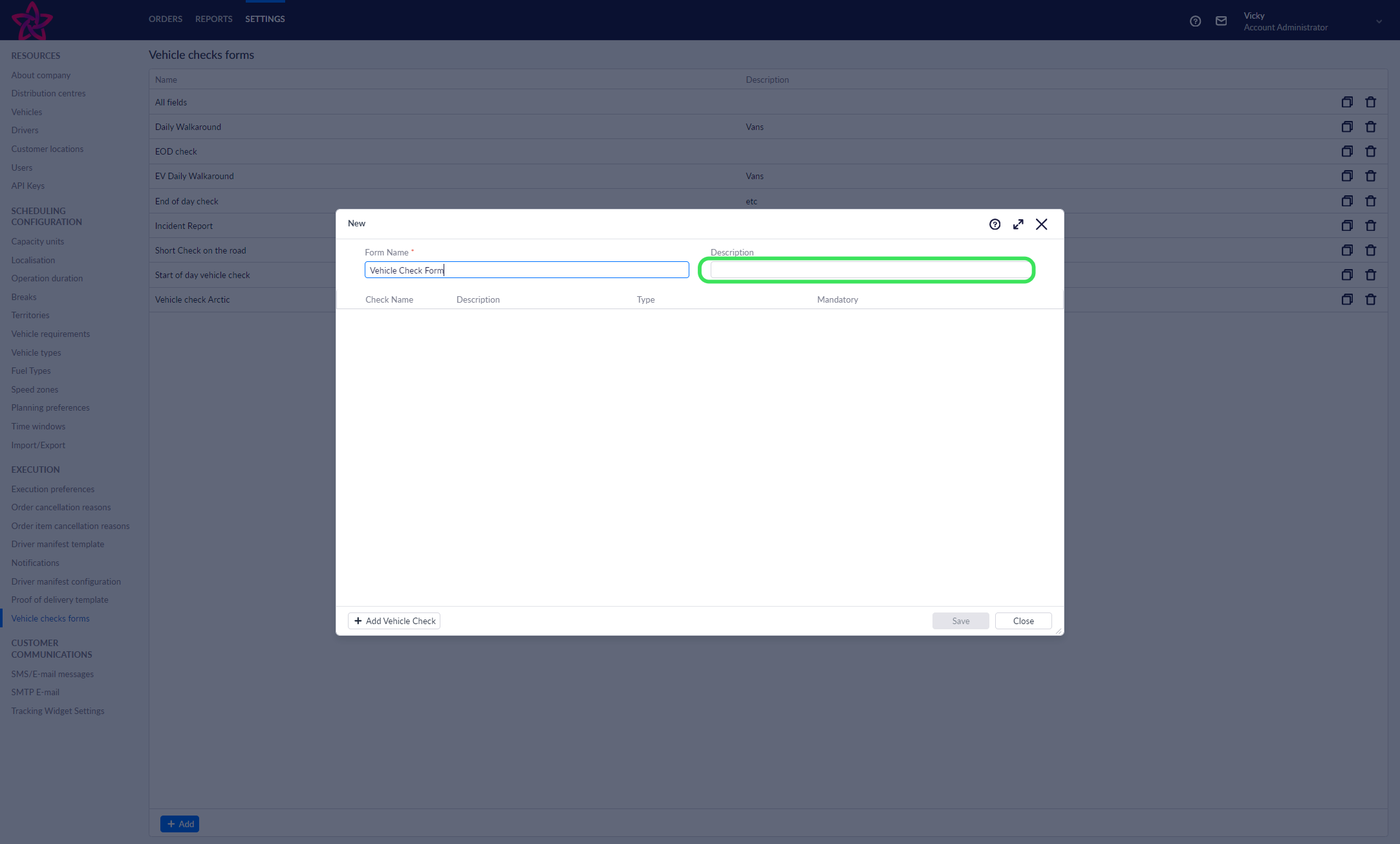 Fill out a name and description for the vehicle check form