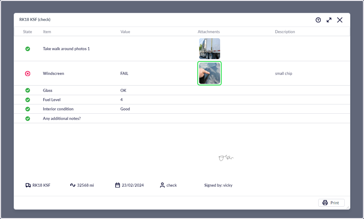 The vehicle check submission record will show all the details of answers, photos, comments and signature.
