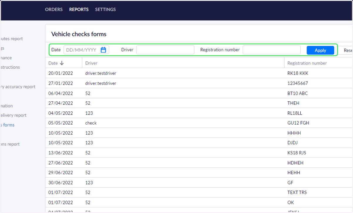 Use the filters to review the vehicle checks submitted for a specific day, driver or vehicle.