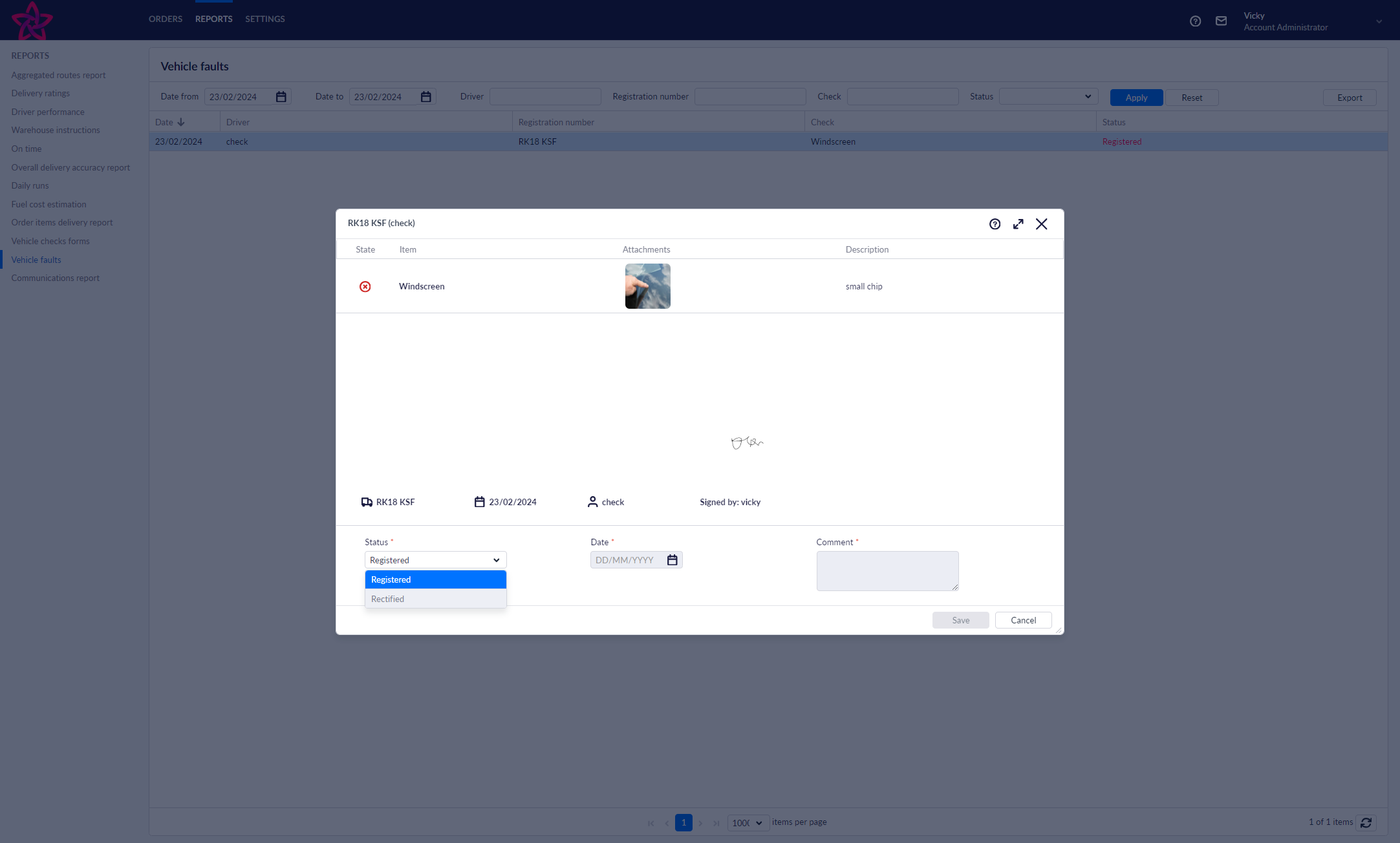This report can be used to track rectified faults by changing the status to 'Rectified', assigning a date and comment.