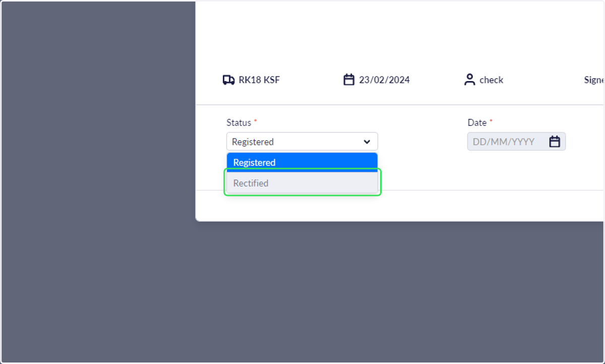 This report can be used to track rectified faults by changing the status to 'Rectified', assigning a date and comment.