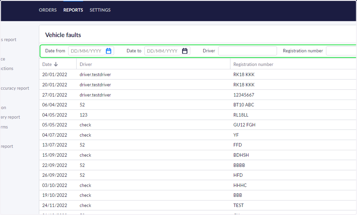 Use the filters to view faults from specific days and/or drivers.