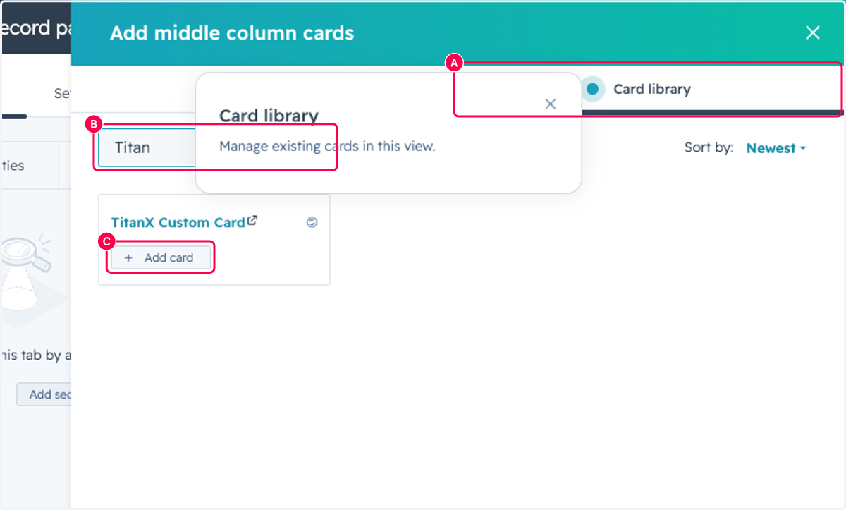 A. Click on Card library B. Type Titan C. Click on Add card