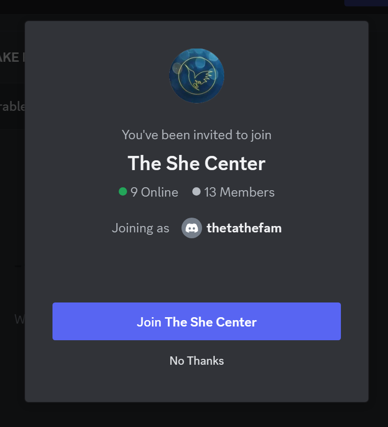 After you login, click on the link below to join The She Center server!