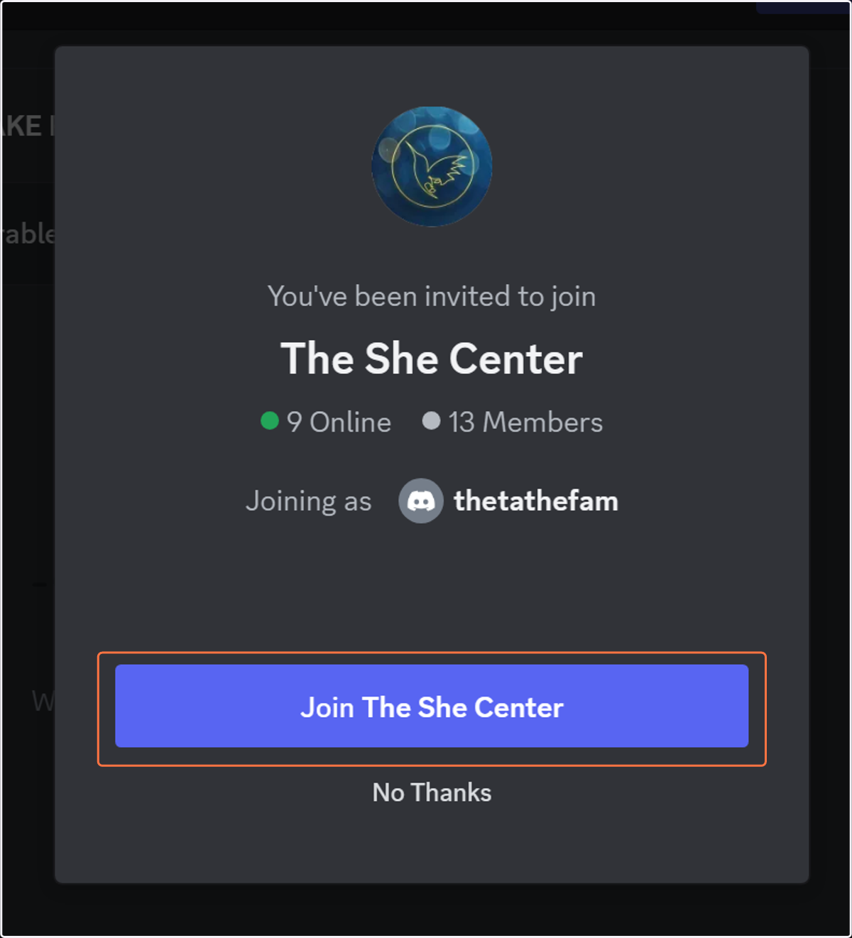 After you login, click on the link below to join The She Center server!