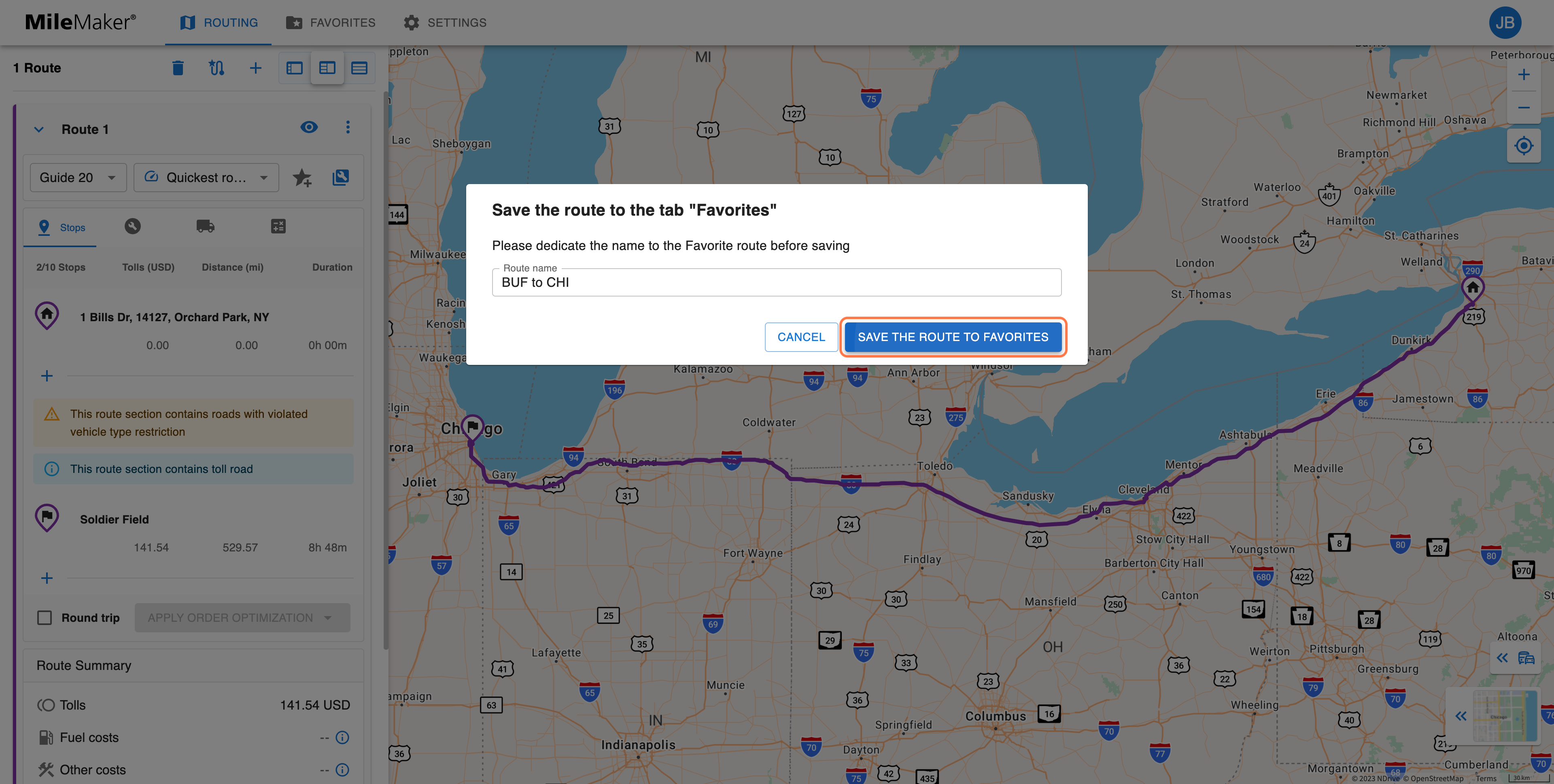 Click on SAVE THE ROUTE TO FAVORITES