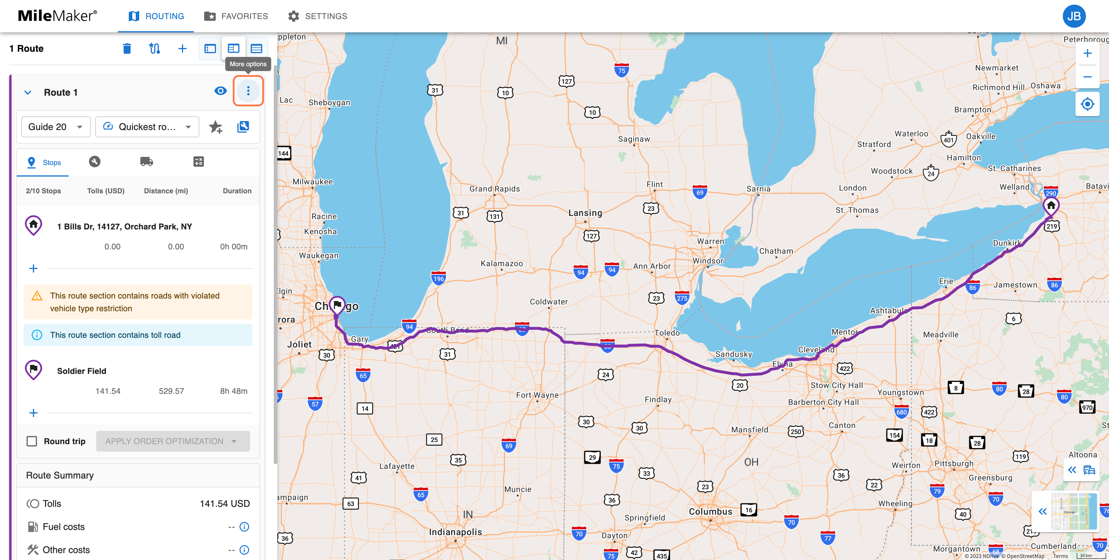 Click on the 'More options' menu to the right of the route you want to save.